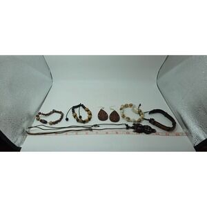 Boho Jewelry Lot Owl Pendant Necklace Wood Earrings Braided Leather Bracelets